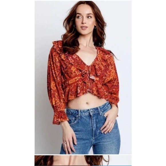 Free People Orange Ruffled Fairy Cropped top size Large New Boho Peasant - Picture 1 of 7